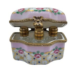 Limoges France Peint 3 Perfume Bottle Rose Chest Casket Porcelain Trinket Box